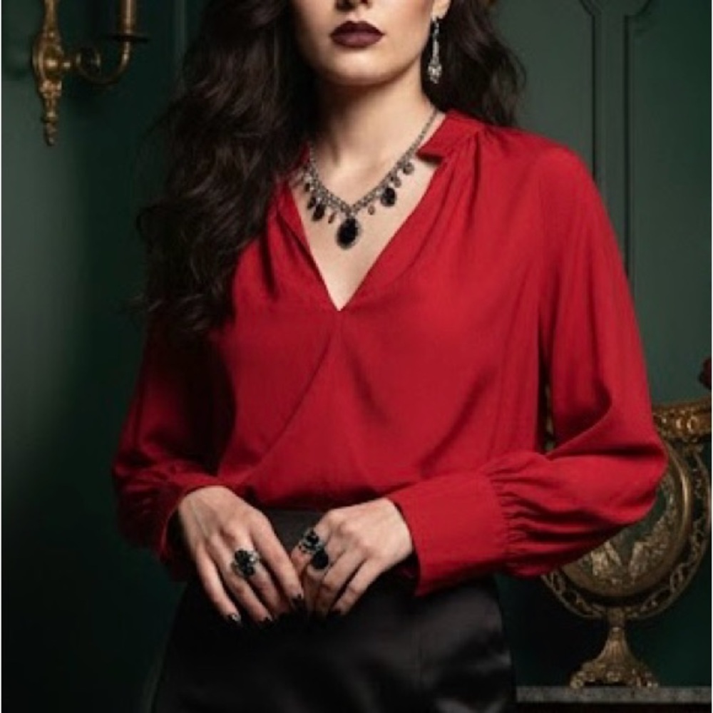 H&M Red Balloon-Sleeved Blouse Oversized Drape V-Neck L/S Top Boho Chic S 2024